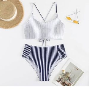 Retro High-Waisted Navy and White Bikini, New in Bag, Never Worn, Size XS